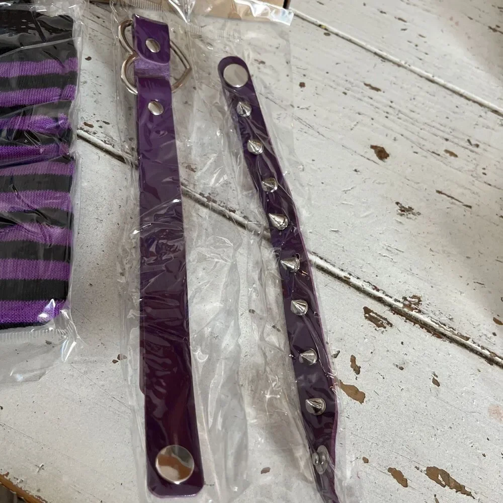 80s Costume Accessories Women Lace Headband Earrings Band Bracelets Socks Purple